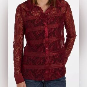 BKE Boutique red Lace, chiffon and satin button front shirt size XL #1476